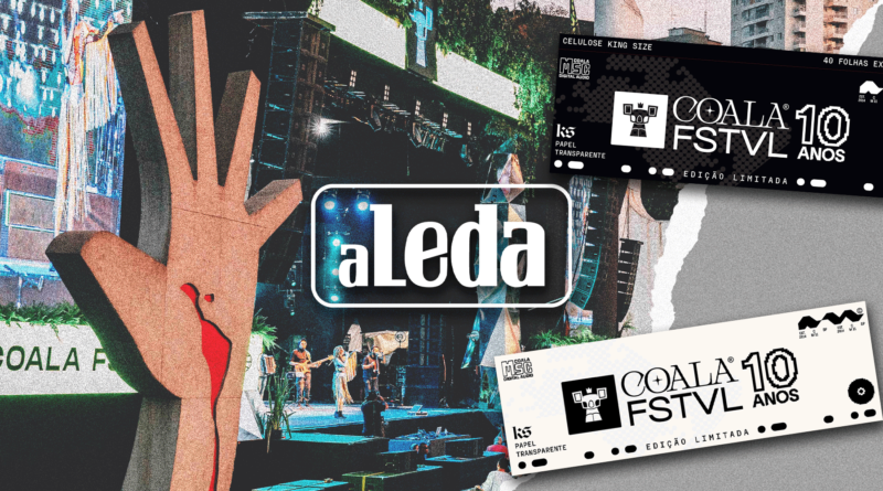 Colagem mostra o símbolo do Memorial da América Latina, um palco e as sedas oficiais do Coala Festival.