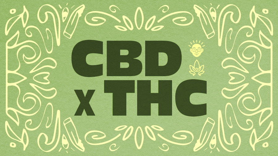 Imagem com fundo verde claro mostra as siglas CBD x THC escritas em verde escuro com adornos em bege.